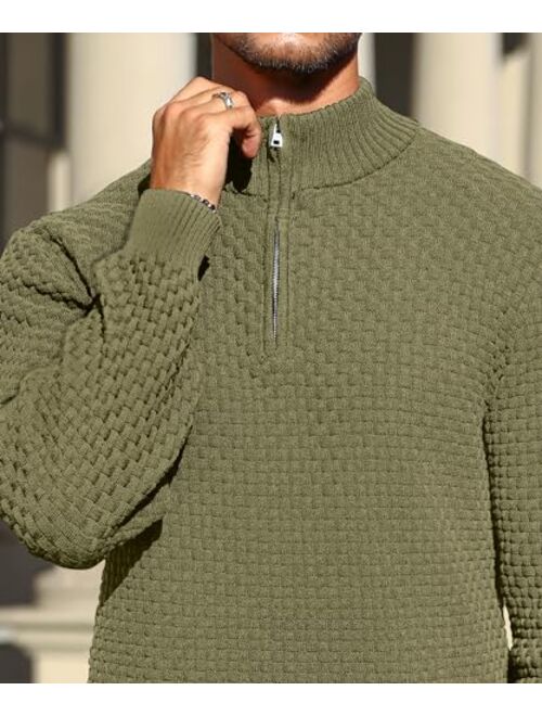 Zaitun Men's Quarter-Zip Sweater Polo Zip Up Pullover Cable Knit Turtleneck