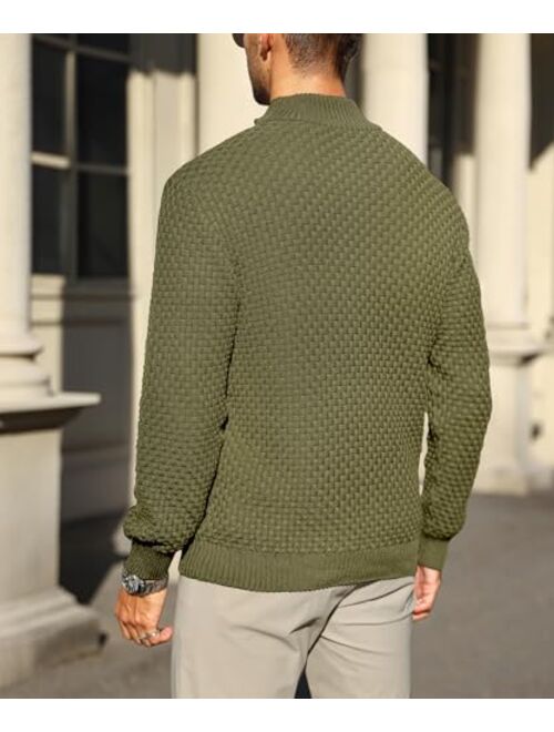Zaitun Men's Quarter-Zip Sweater Polo Zip Up Pullover Cable Knit Turtleneck
