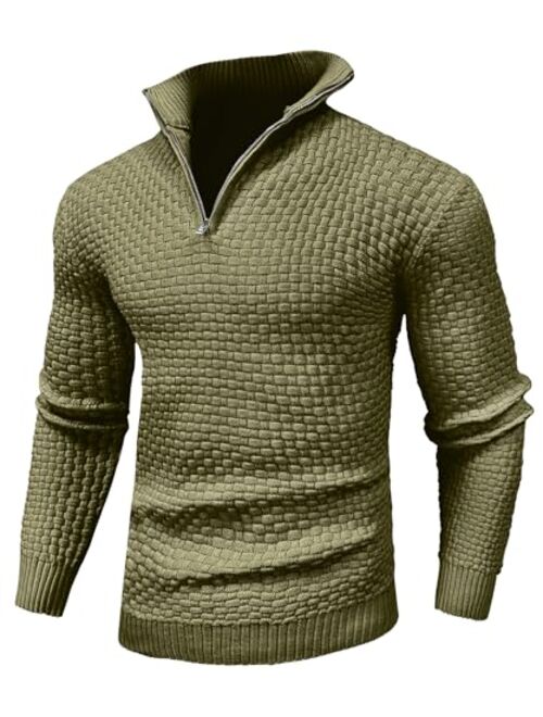 Zaitun Men's Quarter-Zip Sweater Polo Zip Up Pullover Cable Knit Turtleneck