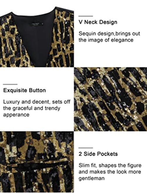 TURETRENDY Men's Shiny Sequins Vest V-Neck Slim Fit Stylish Vest Waistcoat with Pockets for Party Dinner Prom