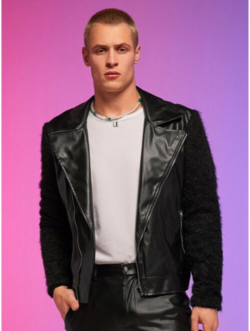 Manfinity AFTRDRK Men Zip Up Contrast Teddy Sleeve PU Leather Moto Jacket