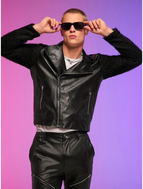 Manfinity AFTRDRK Men Zip Up Contrast Teddy Sleeve PU Leather Moto Jacket