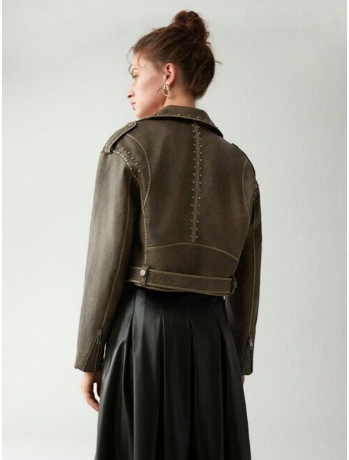 Anewsta Zip Up Studded Detail Belted Moto Jacket