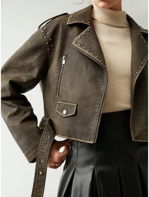 Anewsta Zip Up Studded Detail Belted Moto Jacket