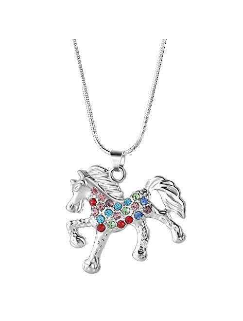Nimteve Girls Necklaces Silver Tone Multicolored Crystals Horse Pendant Pony Mustang Charm Necklace for Little Girls 18 Inches