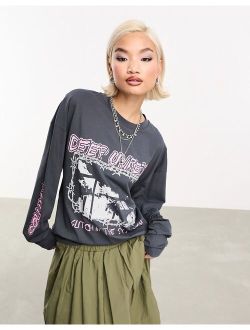 washed graphic long sleeve oversized T-shirt in gray