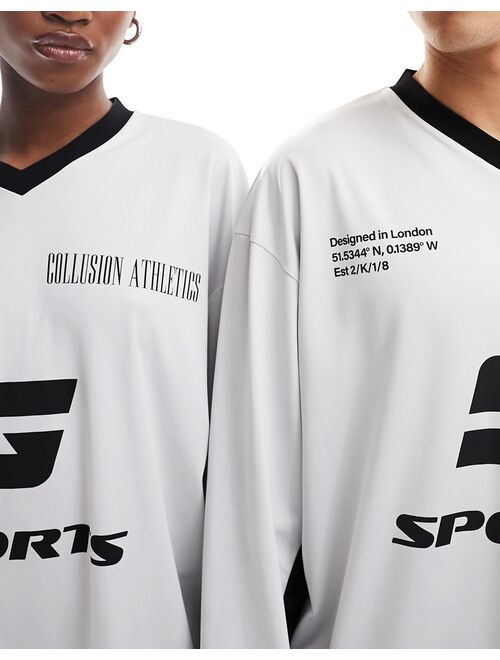 COLLUSION Unisex football t-shirt in ecru and black