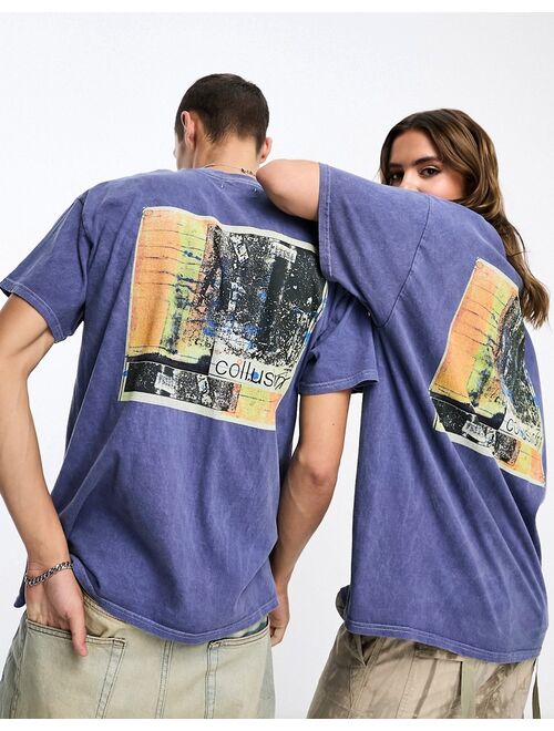 COLLUSION Unisex postcard back print t-shirt In blue