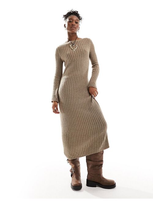 COLLUSION slash neck ribbed textured maxi knit dress in stone