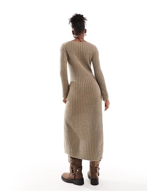 COLLUSION slash neck ribbed textured maxi knit dress in stone