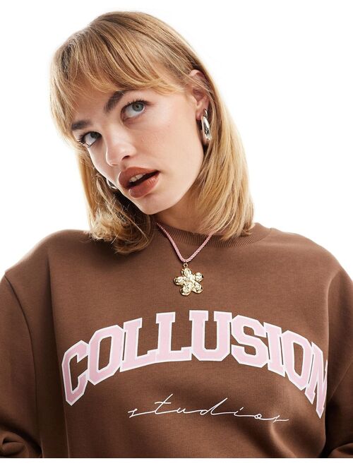 COLLUSION oversized washed varsity sweat in brown