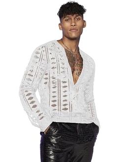 OYOANGLE Men's Solid Hollow Out See Through Party Clubwear Long Sleeve V Neck Shirt Top