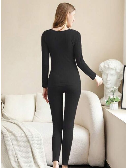 Shein 1SET Women Thermal Underwear Winter Long Sleeve Bottoming Top Seamless Thick Double Layer Warm Lingerie Woman