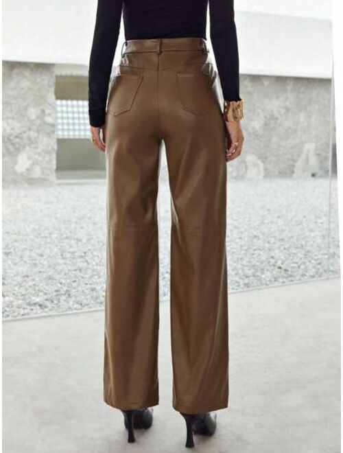 SHEIN BIZwear Zipper Fly Palazzo PU Pants Workwear