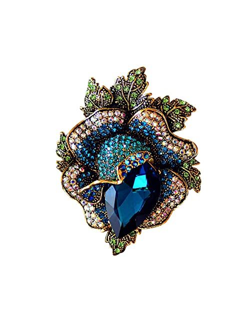 Qureza Rose Crystal Flower Brooch Vintage Palace Style Rhinestone Lapel Pin Wedding Bride Large Brooches For Woman Jewelry Clothing Decoration Christmas Gift