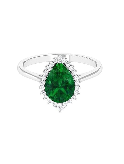 Rosec Jewels Lab Grown Emerald Teardrop Halo Cocktail Ring, Green Gemstone Jewelry for Her