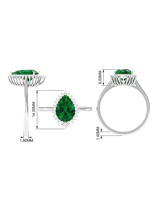 Rosec Jewels Lab Grown Emerald Teardrop Halo Cocktail Ring, Green Gemstone Jewelry for Her