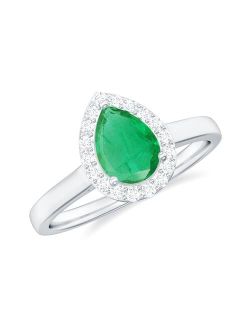 Rosec Jewels Emerald Solitaire Teardrop Halo Ring | 5X7 M Pear Shape | Gemstone Engagement Ring for Women