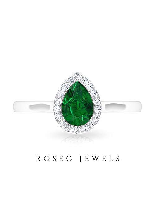 Rosec Jewels Emerald Solitaire Teardrop Halo Ring | 5X7 M Pear Shape | Gemstone Engagement Ring for Women