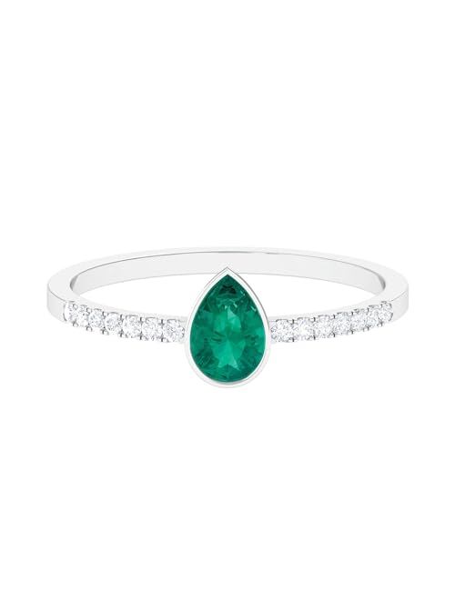 Rosec Jewels Real Emerald Bezel Set Solitaire Ring with Diamond | 4X6 MM Pear| AAA Quality