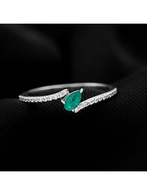 Rosec Jewels Certified Emerald Solitaire Bypass Promise Ring with HI-SI Diamond | AAA Quality