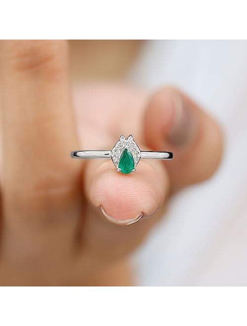 Rosec Jewels Certified Emerald Dainty Promise Ring with HI-SI Diamond | AAA Quality | May Birthstone
