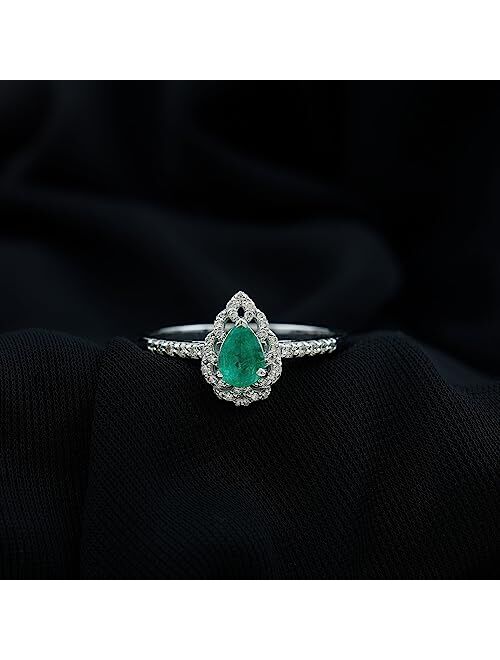 Rosec Jewels 1 Cttw Pear Shaped Emerald Engagement Ring with Diamond Halo | AAA Quality