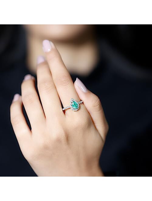 Rosec Jewels 1 Cttw Pear Shaped Emerald Engagement Ring with Diamond Halo | AAA Quality