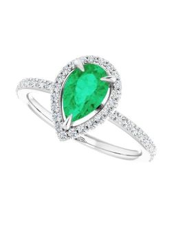 Generic Filigree 2 CT Halo Pear Shape Emerald Diamond Ring 14k Gold, Dainty Tear Drop Emerald Engagement Ring, May Birthstone Ring, Wedding Ring, Bridal Ring, Promise/Ann