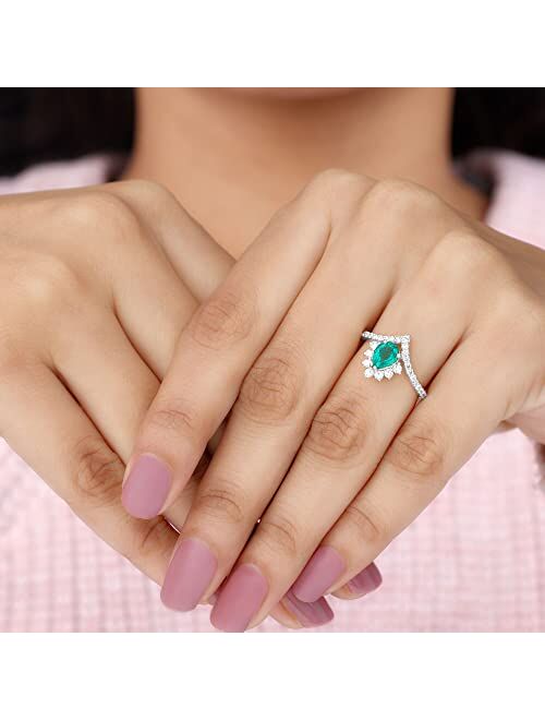 Rosec Jewels Created Emerald Designer V Shape Ring for Women, 5X7 MM, Wedding Engagement Ring for Her