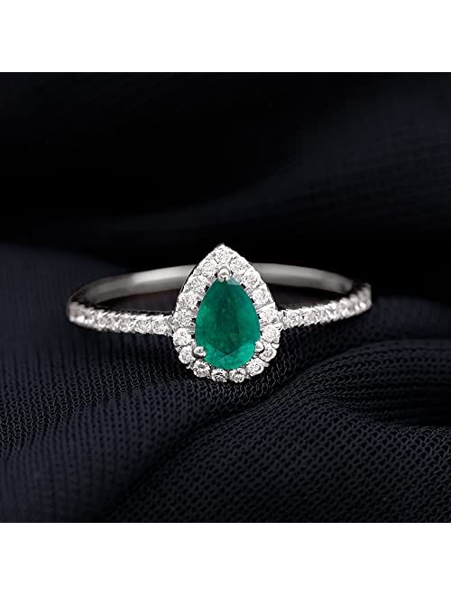 Rosec Jewels Pear Cut Emerald and Diamond Halo Engagement Ring with Side Stones | AAA Quality