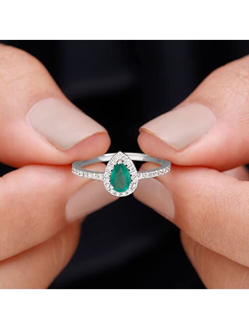 Rosec Jewels Pear Cut Emerald and Diamond Halo Engagement Ring with Side Stones | AAA Quality