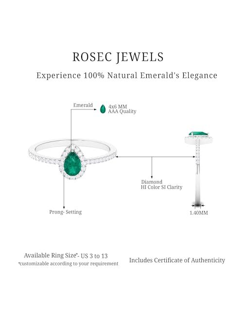 Rosec Jewels Pear Cut Emerald and Diamond Halo Engagement Ring with Side Stones | AAA Quality