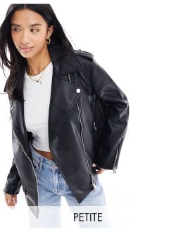 petite faux leather oversized biker jacket in black