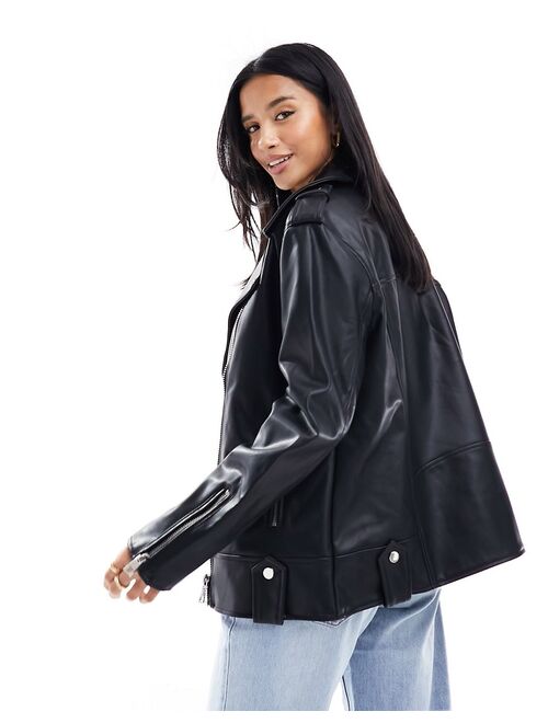 River Island petite faux leather oversized biker jacket in black