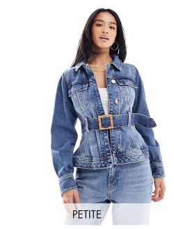 Petite denim jacket with belted waist in blue
