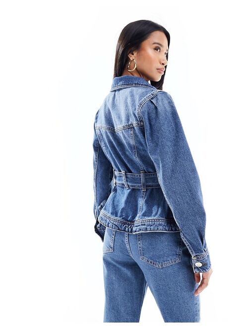 River Island Petite denim jacket with belted waist in blue