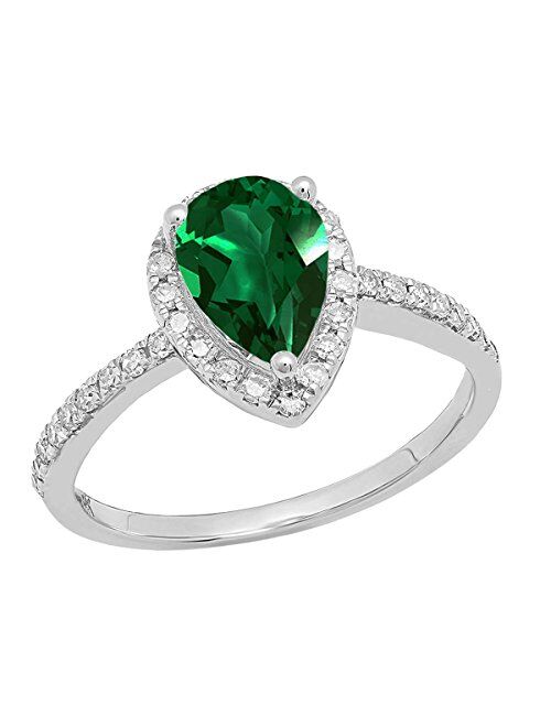 Dazzlingrock Collection 10X7 mm Pear Lab Created Gemstone & Natural Round White Diamond Ladies Halo Teardrop Engagement Ring, 14K White Gold