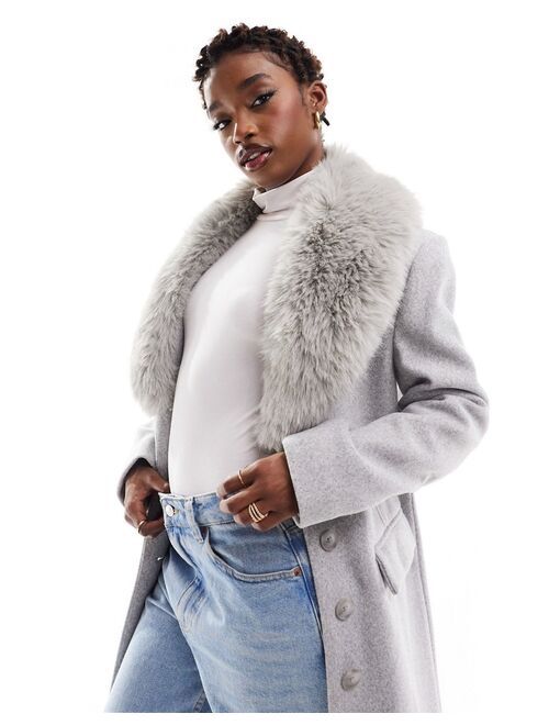 River Island tailored coat with faux fur collar in light gray