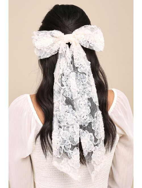 Lulus Adorable Bliss Ivory Sheer Floral Lace Hair Bow Barrette