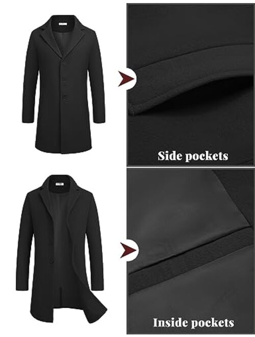 COOFANDY Mens Wool Blend Coat Winter Trench Coats Notched Lapel Collar Single Breasted Overcoat Classic Peacoat With Pockets