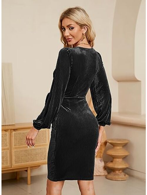oten Women's Long Sleeve V Neck Velvet Bodycon Ruched Wedding Cocktail Party Club Faux Wrap Dress