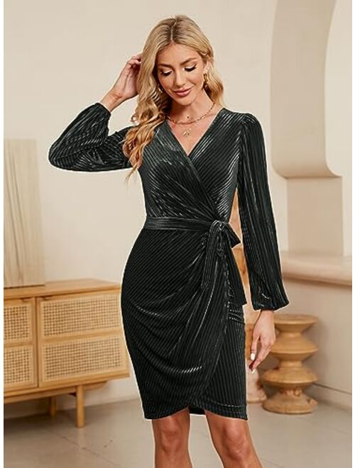 oten Women's Long Sleeve V Neck Velvet Bodycon Ruched Wedding Cocktail Party Club Faux Wrap Dress