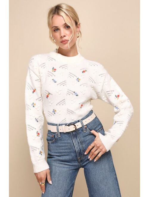 Lulus Sweet Suggestion Ivory Floral Embroidered Textured Sweater