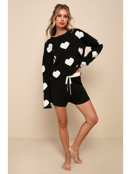 Lulus Weekend Adoration Black Heart Print Pullover Sweater