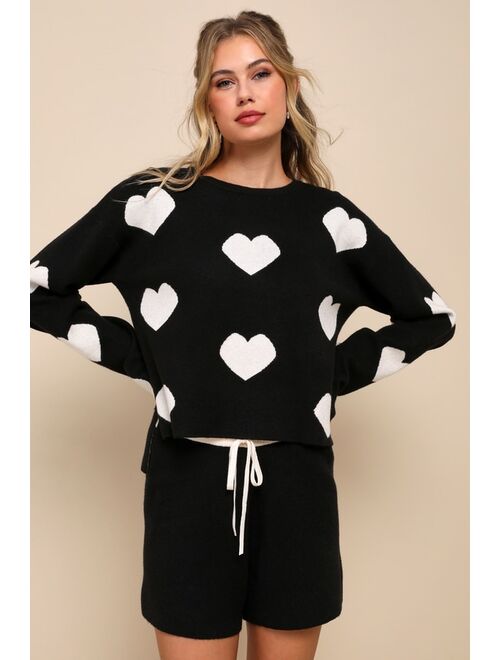 Lulus Weekend Adoration Black Heart Print Pullover Sweater
