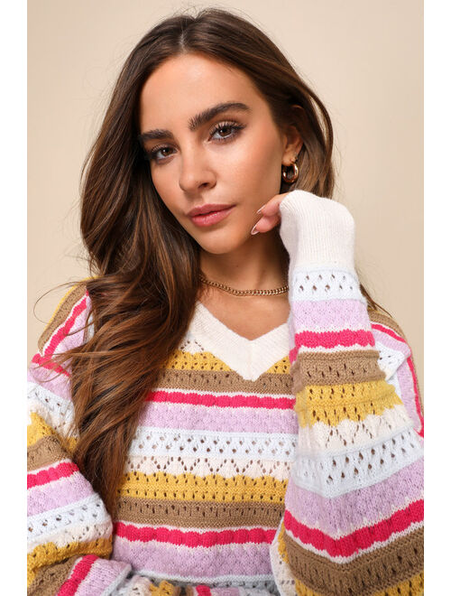 Lulus Cute Success Ivory Multi Striped Loose Knit V-Neck Sweater