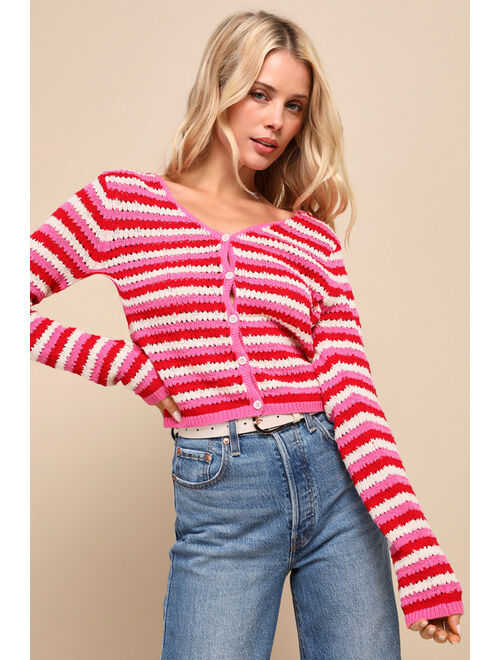 Lulus Adoring Darling Red and Pink Striped Cardigan Sweater