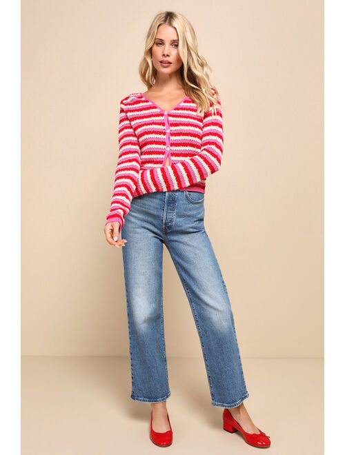 Lulus Adoring Darling Red and Pink Striped Cardigan Sweater