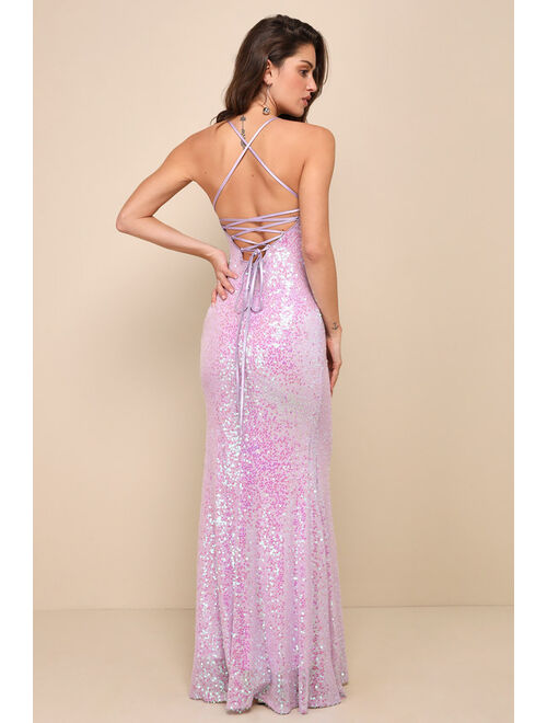 Lulus Glowing Praise Lilac Sequin Lace-Up Maxi Dress
